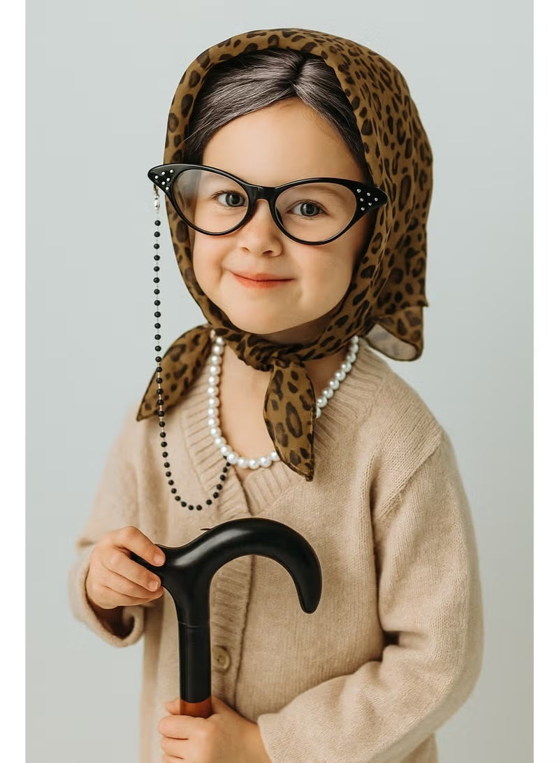 SYOSI 100 Days of School Old Lady Wig Cosplay Set, Halloween Granny Costume Party Wigs with Glasses, Chain, Necklace, Headscarf, walking stick,Bracelet Dress Up Costume Cosplay Supplies(7Pcs) - Image 2