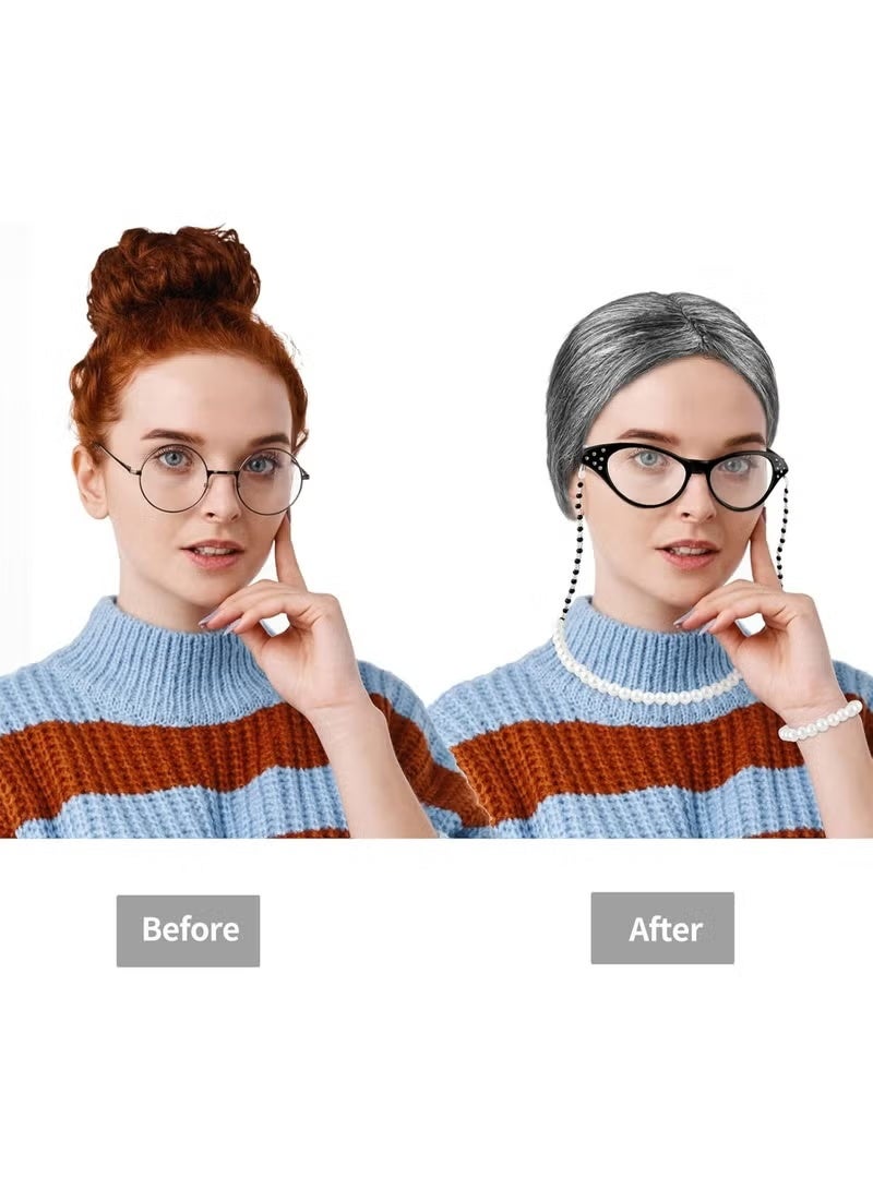 SYOSI 100 Days of School Old Lady Wig Cosplay Set, Halloween Granny Costume Party Wigs with Glasses, Chain, Necklace, Headscarf, walking stick,Bracelet Dress Up Costume Cosplay Supplies(7Pcs) - Image 4