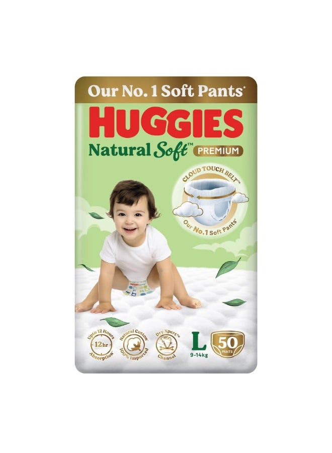 Huggies Natural Soft Premium Baby Diaper Pants, Our No.1 Soft Pants, Large (L) Size (9-14 Kgs), Pack of 50 diapers | Cloud Softness All over with India's 1st Cloud Touch BeltTM - Image 1