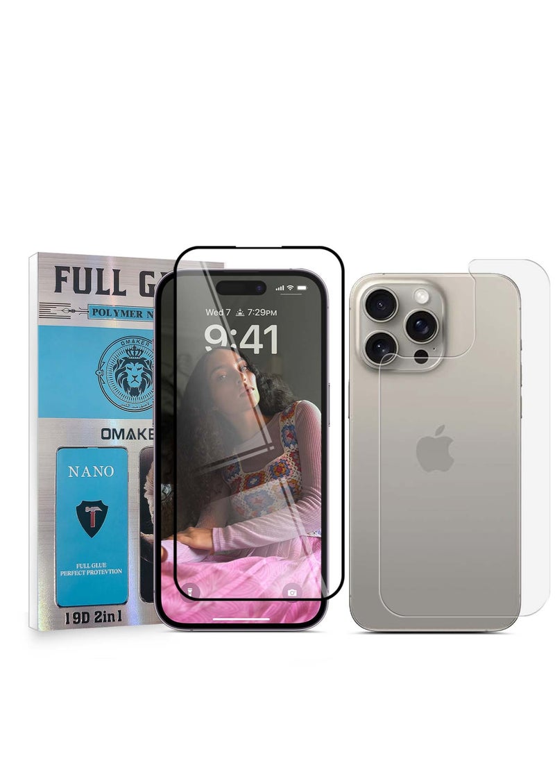 OMAKER Omaker 2 in 1 Super Strong Full Glue Polymer Nano Tempered Glass Screen Protector and Back Film for Apple iPhone 15 Pro Max – 0.33mm Thickness Bubble - Free Installation  - Image 1