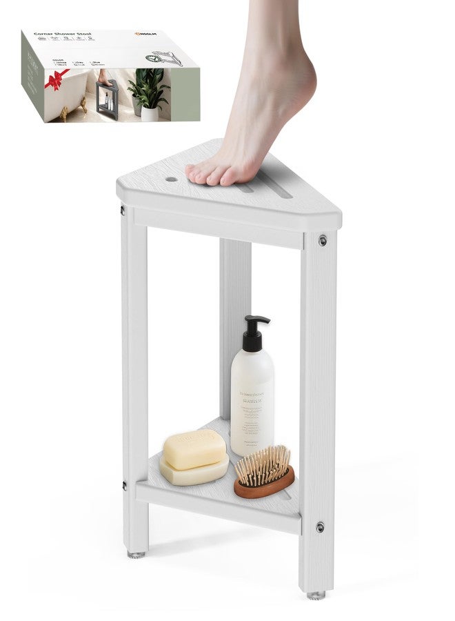 ONSGLM Shower Foot Rest 15in, HDPE Waterproof Shower Stool for Inside Shower, Corner Shower Stool for Shaving Legs with Storage Shelf for Small Space, Shower Step Stool, Plastic Corner Shower Bench, White - Image 1