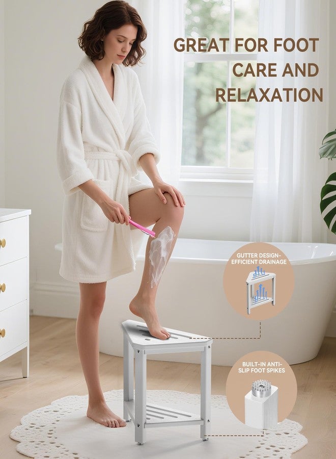 ONSGLM Shower Foot Rest 15in, HDPE Waterproof Shower Stool for Inside Shower, Corner Shower Stool for Shaving Legs with Storage Shelf for Small Space, Shower Step Stool, Plastic Corner Shower Bench, White - Image 2