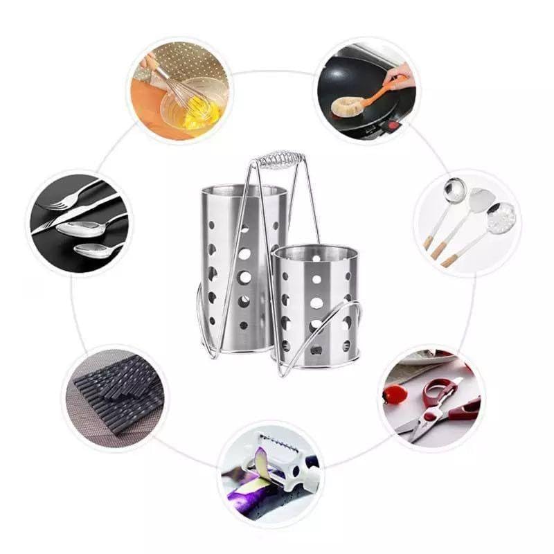 Stainless Steel Utensil Holder with 2 Canisters, Jumbo Size, Draining Caddy for Spoons and Cutlery - Image 3