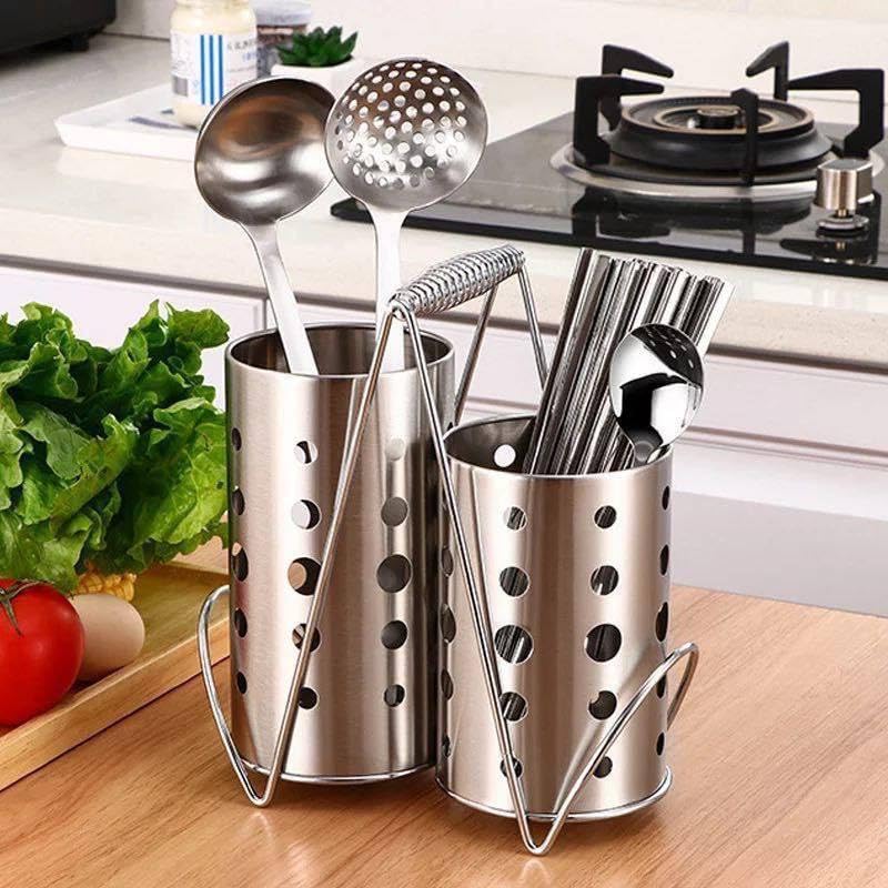 Stainless Steel Utensil Holder with 2 Canisters, Jumbo Size, Draining Caddy for Spoons and Cutlery - Image 1