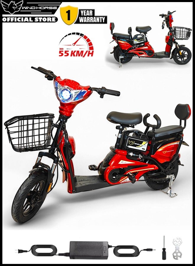 Wind Horse M1 Electric Delivery Bike 400W Motor, 48V 12Ah Battery, 55KM/H Max Speed, Dual Seat, 14 Inches Tires, Front Grocery Basket, Remote Lock Unlock System, Carbon Alloy Frame. 3-Speed Modes E-Bike - Image 1