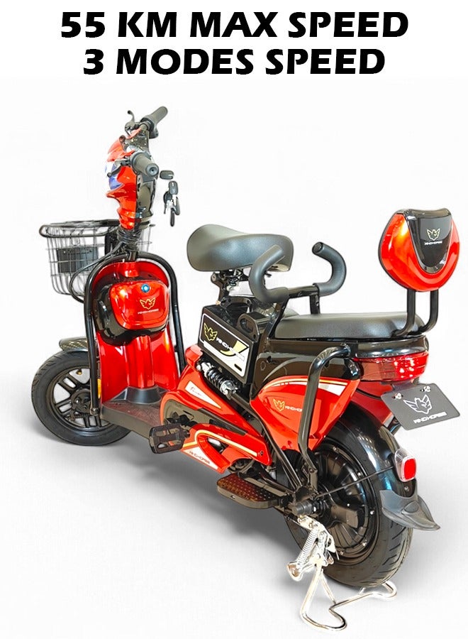 Wind Horse M1 Electric Delivery Bike 400W Motor, 48V 12Ah Battery, 55KM/H Max Speed, Dual Seat, 14 Inches Tires, Front Grocery Basket, Remote Lock Unlock System, Carbon Alloy Frame. 3-Speed Modes E-Bike - Image 4