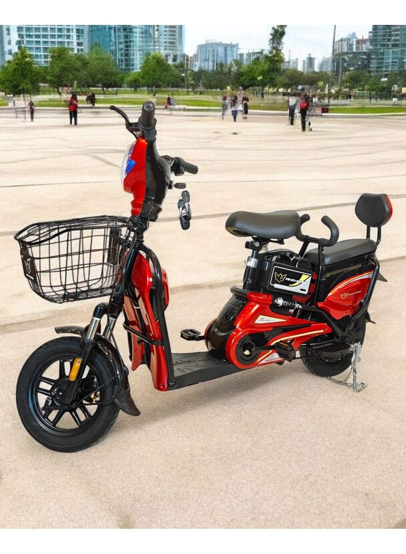 Wind Horse M1 Electric Delivery Bike 400W Motor, 48V 12Ah Battery, 55KM/H Max Speed, Dual Seat, 14 Inches Tires, Front Grocery Basket, Remote Lock Unlock System, Carbon Alloy Frame. 3-Speed Modes E-Bike - Image 3
