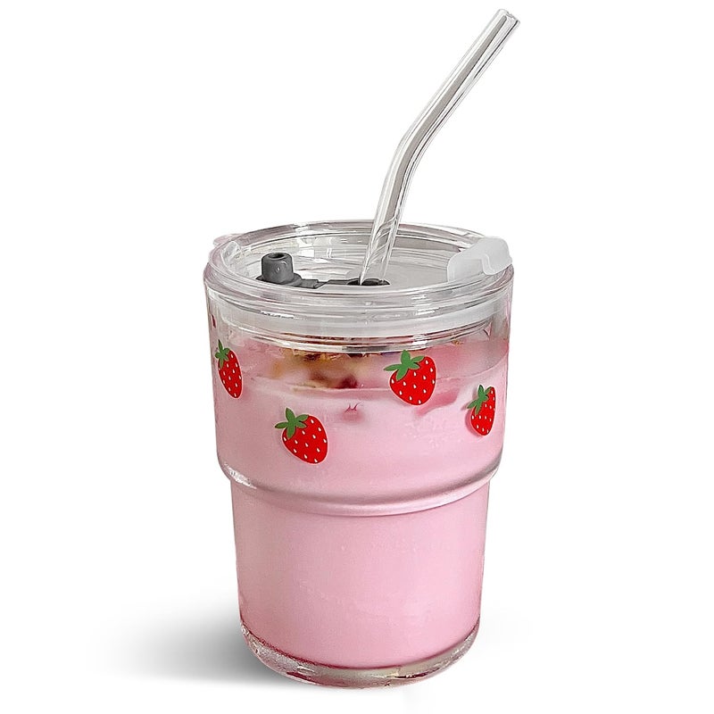 Olvini 13oz Glass Tumbler with Straw and Lid, Reusable Iced Coffee Cup Tumbler, Cute Glass Cups for Water, Matcha, Travel Coffee Mugs (Strawberry - 13oz) - Image 1
