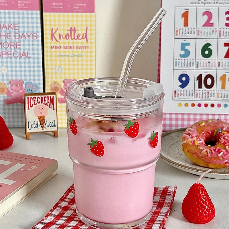 Olvini 13oz Glass Tumbler with Straw and Lid, Reusable Iced Coffee Cup Tumbler, Cute Glass Cups for Water, Matcha, Travel Coffee Mugs (Strawberry - 13oz) - Image 3