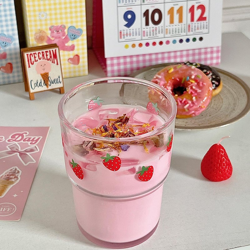 Olvini 13oz Glass Tumbler with Straw and Lid, Reusable Iced Coffee Cup Tumbler, Cute Glass Cups for Water, Matcha, Travel Coffee Mugs (Strawberry - 13oz) - Image 4