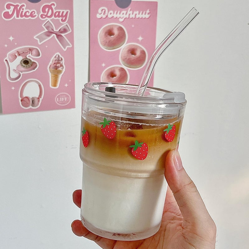 Olvini 13oz Glass Tumbler with Straw and Lid, Reusable Iced Coffee Cup Tumbler, Cute Glass Cups for Water, Matcha, Travel Coffee Mugs (Strawberry - 13oz) - Image 2