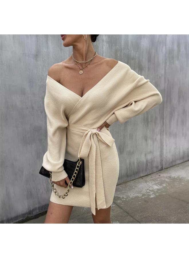 Autumn And Winter New European And American Women's Vneck Collar Pullover Dress Elegant Solid Color Sweater Dress Lace