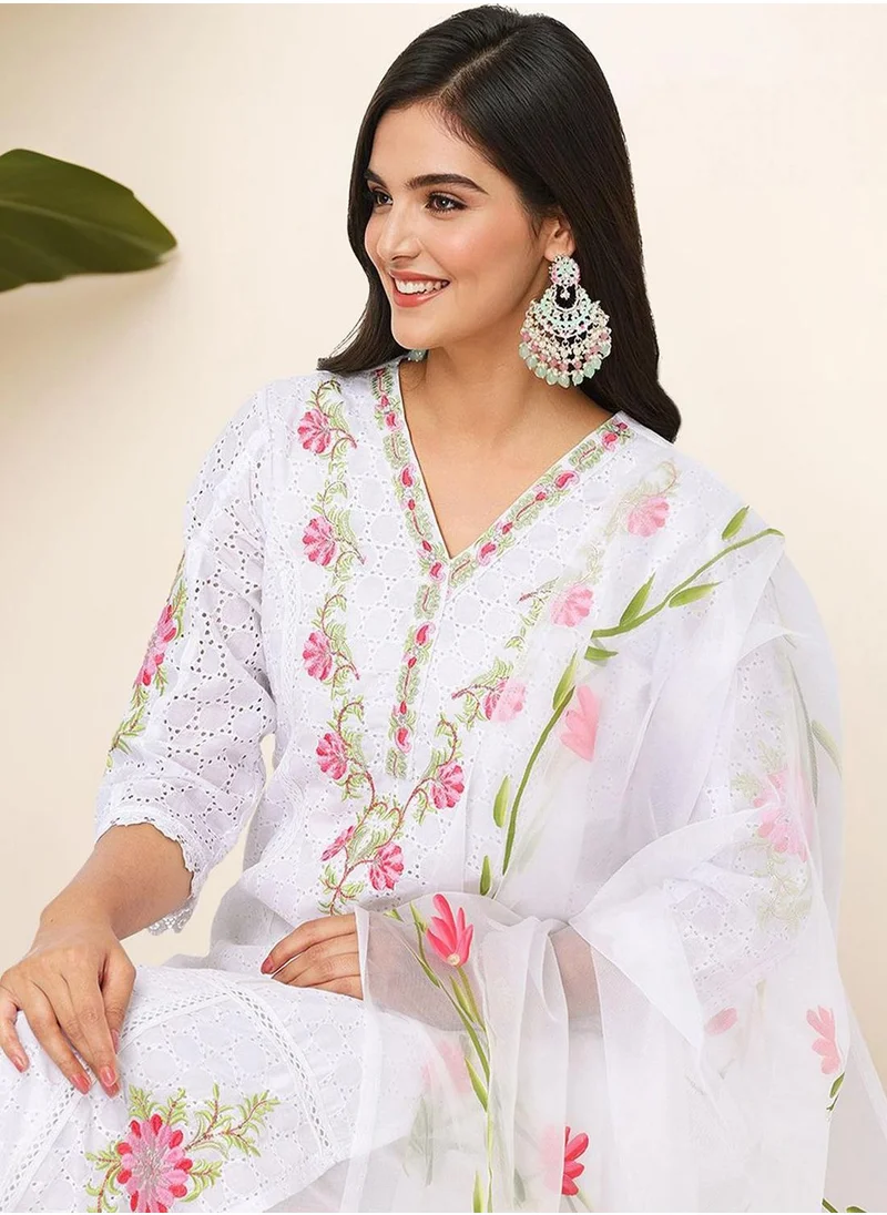 آي شين WOMEN Off White Cotton Kurta Sets - 3pcs