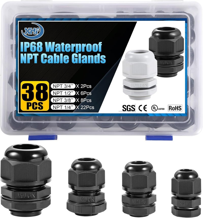 XHF IP68 Nylon Waterproof NPT Cable Glands Assortment 38pcs 1/4", 3/8'', 1/2'', 3/4'' UL Listed and RoHS Cord Grip Compliant Cable Strain Relief Black - Image 1