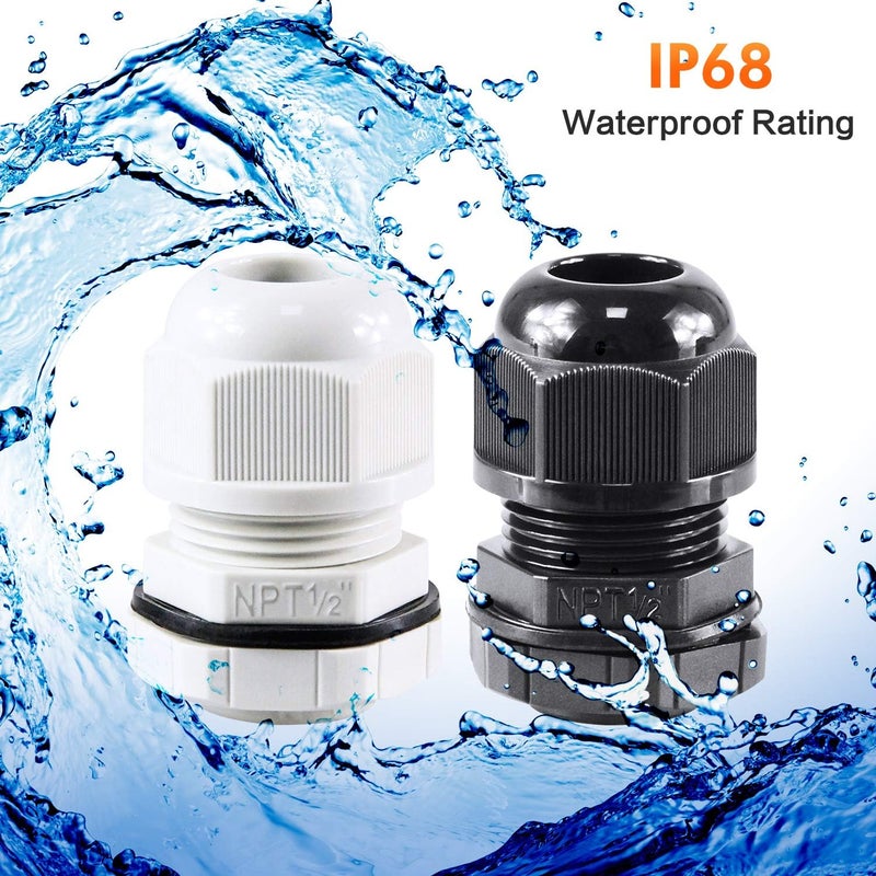 XHF IP68 Nylon Waterproof NPT Cable Glands Assortment 38pcs 1/4", 3/8'', 1/2'', 3/4'' UL Listed and RoHS Cord Grip Compliant Cable Strain Relief Black - Image 3