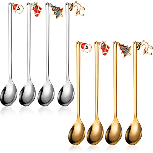 Perthlin 8 Pieces Christmas Spoons Stainless Steel Christmas Coffee Stirrers Gold and Silver Tea Dessert Spoons for Stirring Coffee Tea Soup Sugar Dessert Seasoning Ice Cream - Image 1