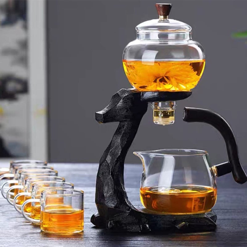 Mozeo Heatresistant Kungfu Glass Tea Set with Heater Attract Water Diversion Rotating Cover Bowl Lazy SemiAutomatic Deer Glass Teapot with 6pcs Tea CupsB