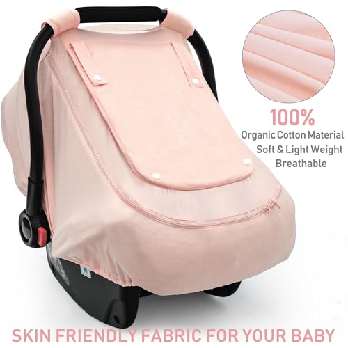 YVMVDV Baby Car Seat Cover for SummerSpring100 Organic Cotton Carseat Cover for BabiesInfant Car Seat Cover Canopy for Boys Girls Lightweight Breathable Pink - Image 3
