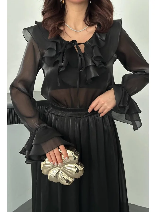 END BLACK Black Frilled Blouse and Elastic Skirt Set L – Black.