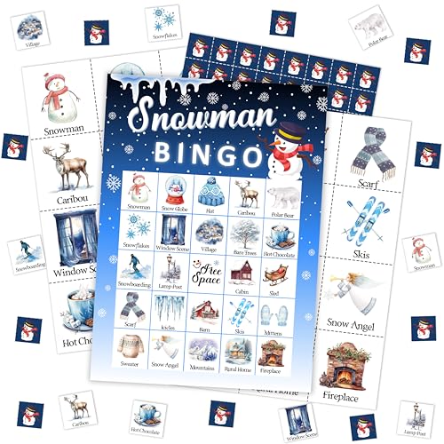 Mueddur Snowman Bingo Game Card Winter Holiday Party Bingo Set for Adults Large Group Family Friends Christmas Winter Holiday Games for 24 Players 30 - Image 1