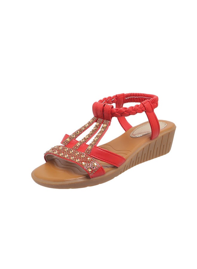 Summer New Arrival Korean Style Fashionable Fish Beak Set Feet Wedge Heel Fashionable Casual Large Size  Rhinestone Roman Sandals