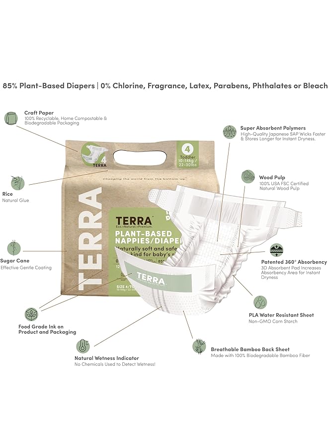 تيرا حفاضات الأطفال مقاس 4، حفاضات نباتية بنسبة 85%، ناعمة للغاية وخالية من المواد الكيميائية للبشرة الحساسة، امتصاص فائق للنهار أو الليل، أطفال صغار، 22 30 رطل / 10 14 كجم، 12 24 شهرًا، 18 قطعة - Image 2