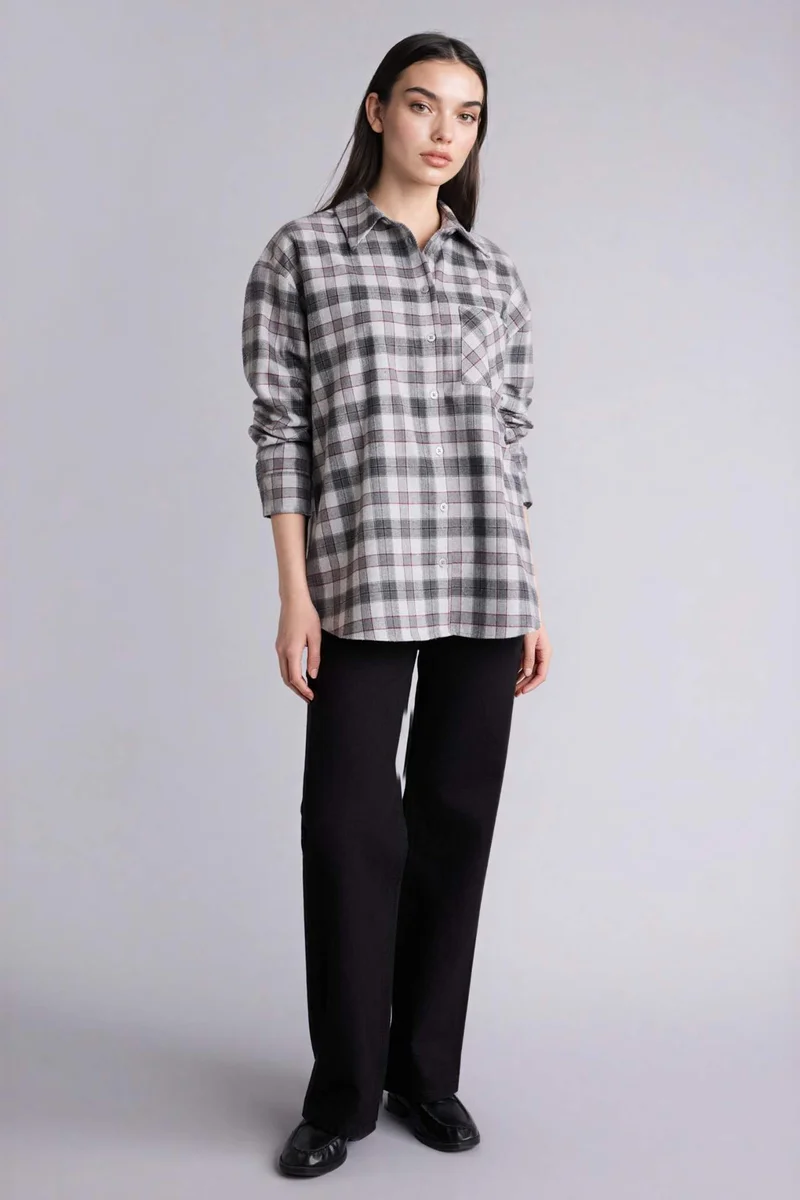 ديفاكتو Oversize Fit Shirt Collar Flanel Plaid Long Sleeve Shirt