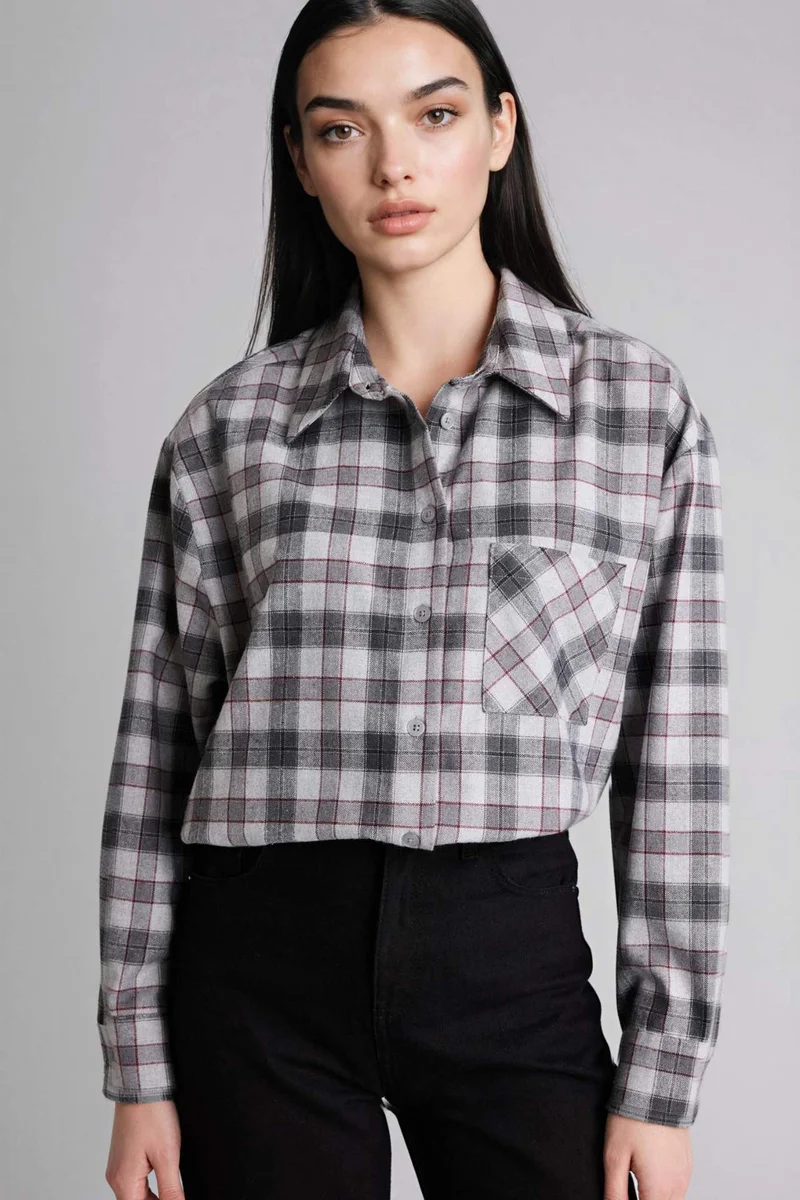 ديفاكتو Oversize Fit Shirt Collar Flanel Plaid Long Sleeve Shirt