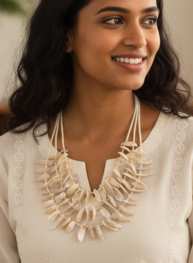 DCA Natural Shell Statement Necklace, Multi-Row Design, Cream White, Adjustable Chain - Image 2