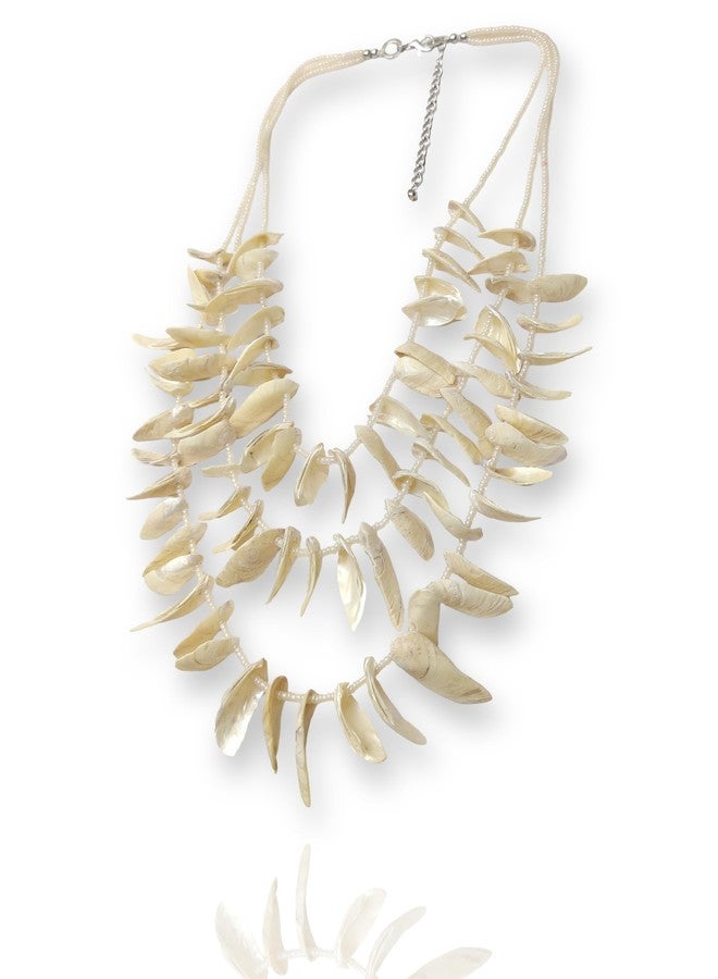 DCA Natural Shell Statement Necklace, Multi-Row Design, Cream White, Adjustable Chain - Image 1