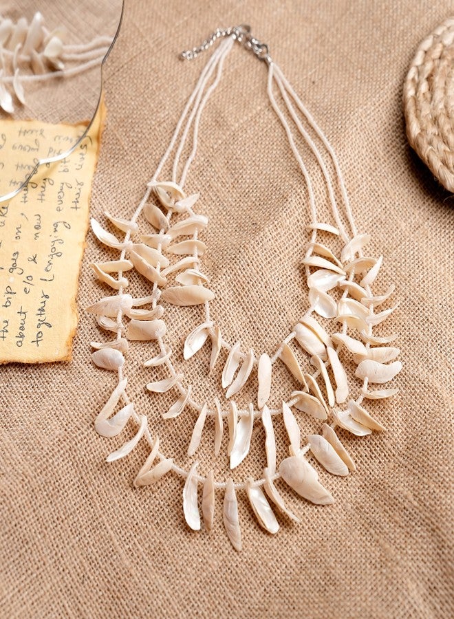 DCA Natural Shell Statement Necklace, Multi-Row Design, Cream White, Adjustable Chain - Image 3