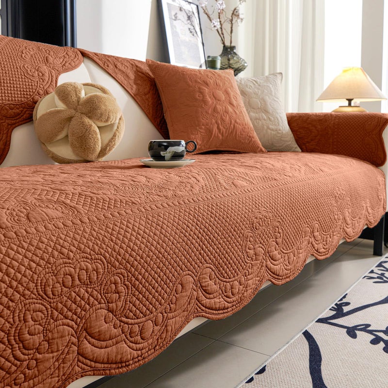 vctops Boho Cotton Quilted Couch Cover Soft Embroidered Sofa Cover Non-Slip Dog Bed Cover Scalloped Sofa Slipcover Washable Furniture Protector Cover (Orange,28"x28") - Image 1