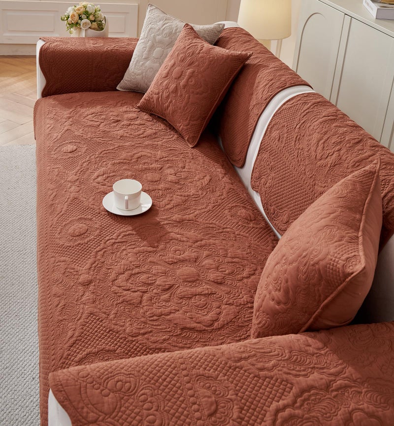 vctops Boho Cotton Quilted Couch Cover Soft Embroidered Sofa Cover Non-Slip Dog Bed Cover Scalloped Sofa Slipcover Washable Furniture Protector Cover (Orange,28"x28") - Image 4