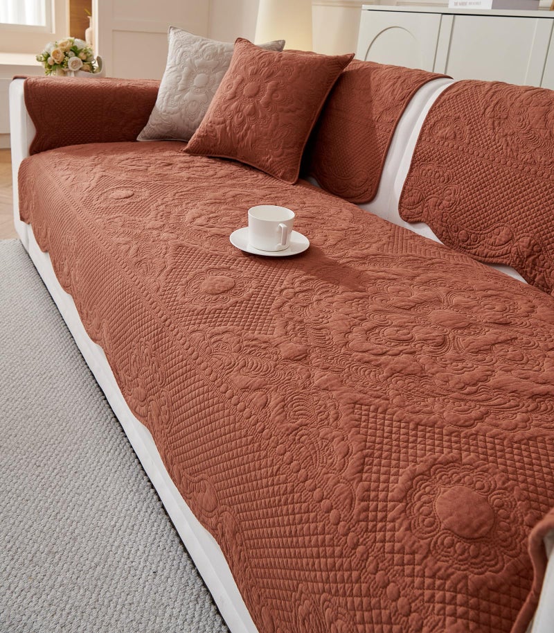 vctops Boho Cotton Quilted Couch Cover Soft Embroidered Sofa Cover Non-Slip Dog Bed Cover Scalloped Sofa Slipcover Washable Furniture Protector Cover (Orange,28"x28") - Image 5