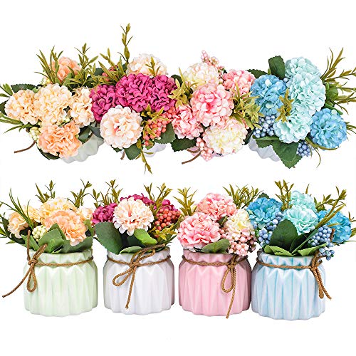 XONOR Artificial Flower Plants – Mini Fake Hydrangea Flowers in Pot for Home Decor Party Wedding Office Patio Table Desk Decoration, Set of 4, Size: 3.3''(Diameter) x 5.5''(Tall) - Image 1