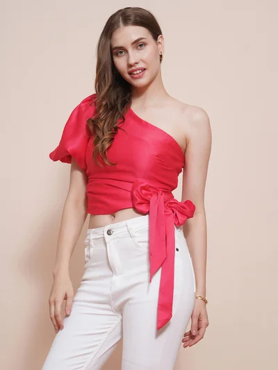 globus Women Pink One Shoulder Waist Bow Tie-Up Puff Sleeves Stain Party Top