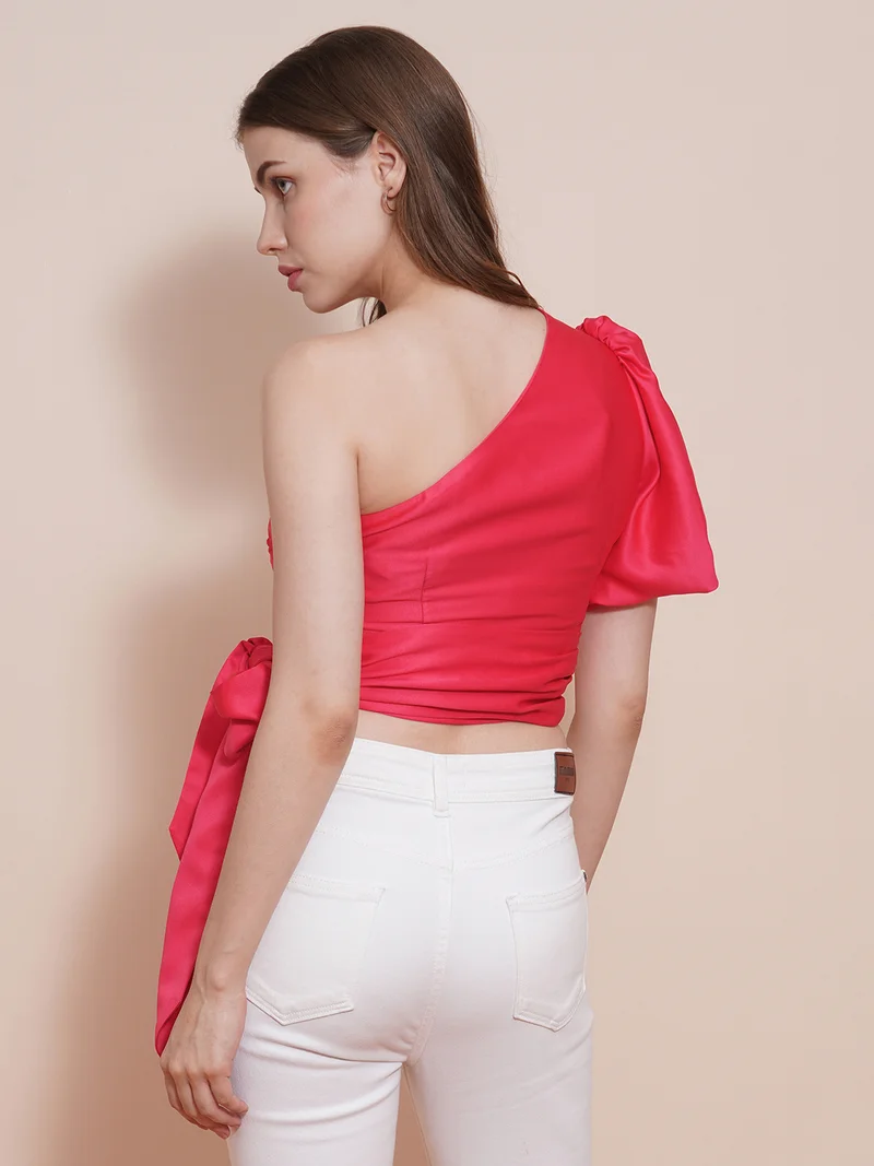 globus Women Pink One Shoulder Waist Bow Tie-Up Puff Sleeves Stain Party Top