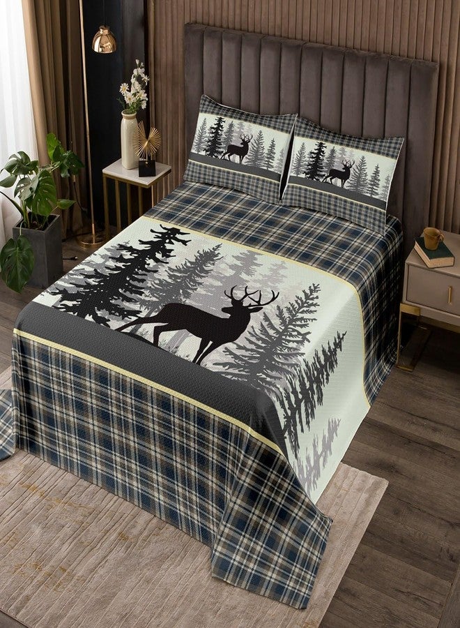 Castle Fairy طقم لحاف بتصميم حيوانات برية، مقاس كوين، مزين بقرون الغزلان وأشجار الصنوبر، مناسب للفتيات والمراهقات، طقم لحاف من البوليستر الناعم بنمط مربعات ريفية، مناسب لجميع الفصول - Image 1