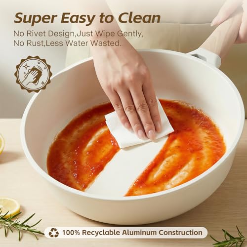 USELUCK Ceramic Nonstick Frying Pan with Lid, 4.0 QT Sauté Pan Large Capacity Skillet, Non Stick Deep Frying Pan Induction Compatible White Granite Coating PFOA/PFAS Free Non-toxic Healthy - Image 3