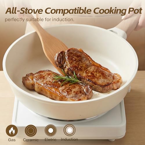 USELUCK Ceramic Nonstick Frying Pan with Lid, 4.0 QT Sauté Pan Large Capacity Skillet, Non Stick Deep Frying Pan Induction Compatible White Granite Coating PFOA/PFAS Free Non-toxic Healthy - Image 4