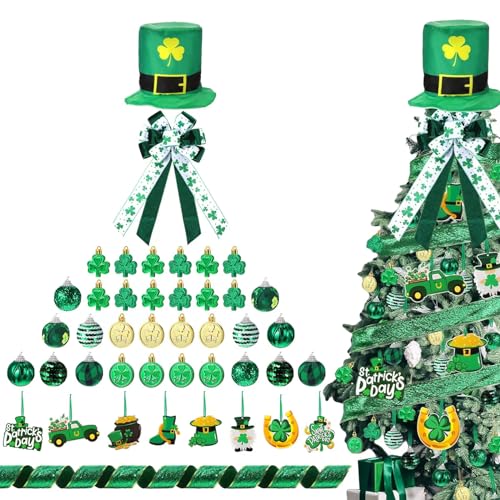 Halfchet St. Patricks Day Tree Ornaments Decorations St Patrick's Day Tree Topper Hat Bow Ribbon Shamrock Coins Hanging Ornaments for Irish Party - Image 1