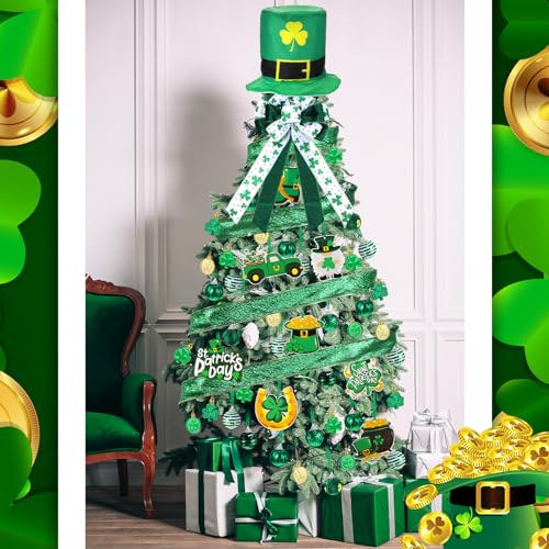 Halfchet St. Patricks Day Tree Ornaments Decorations St Patrick's Day Tree Topper Hat Bow Ribbon Shamrock Coins Hanging Ornaments for Irish Party - Image 5