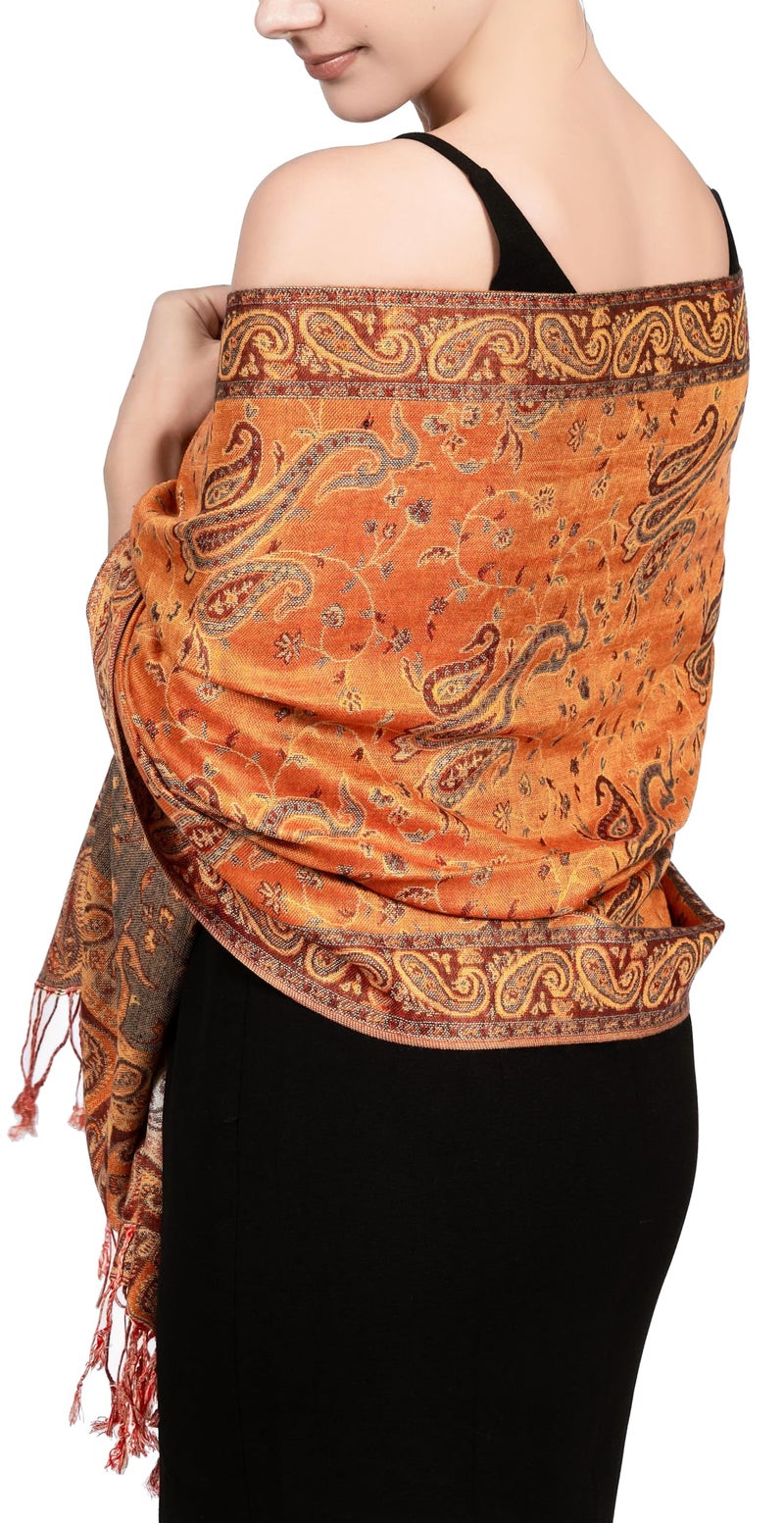 Achillea Soft Silky Reversible Paisley Pashmina Shawl Wrap Scarf w/Fringes (Orange) - Image 1