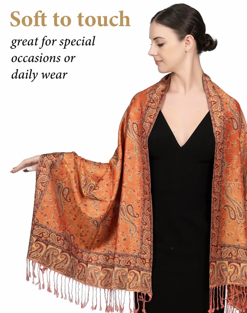 Achillea Soft Silky Reversible Paisley Pashmina Shawl Wrap Scarf w/Fringes (Orange) - Image 4