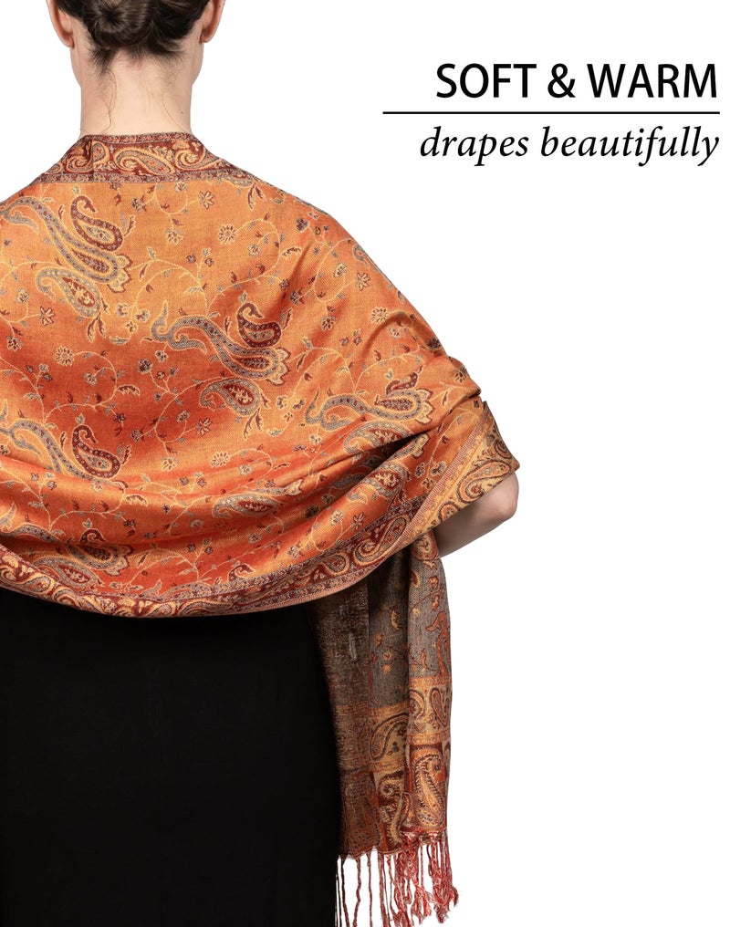 Achillea Soft Silky Reversible Paisley Pashmina Shawl Wrap Scarf w/Fringes (Orange) - Image 5