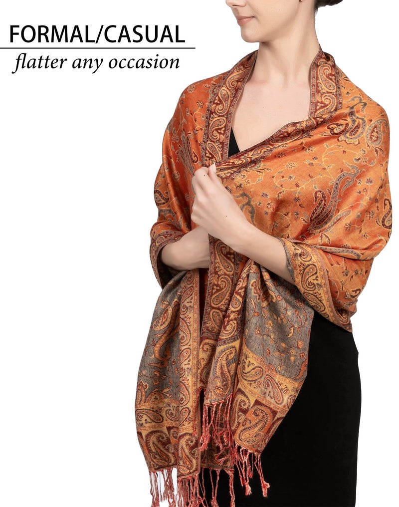 Achillea Soft Silky Reversible Paisley Pashmina Shawl Wrap Scarf w/Fringes (Orange) - Image 3