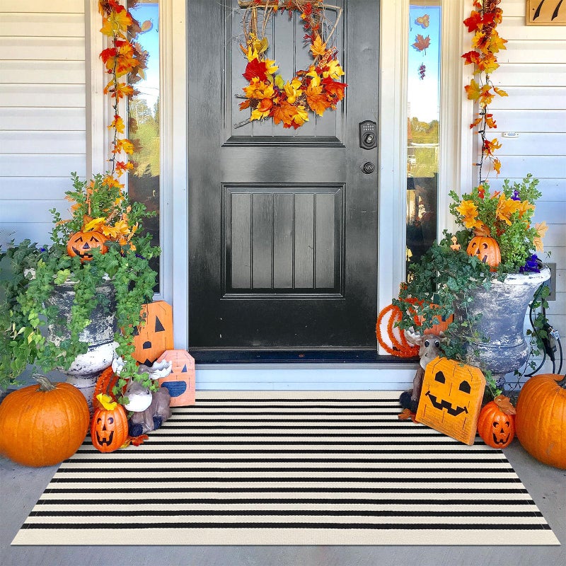 KOZYFLY 3'x5' Cotton Area Rug, Black and Beige Striped Outdoor Rug, Hand-Woven, Machine Washable, Perfect for Front Door, Kitchen, Living Room - Image 1