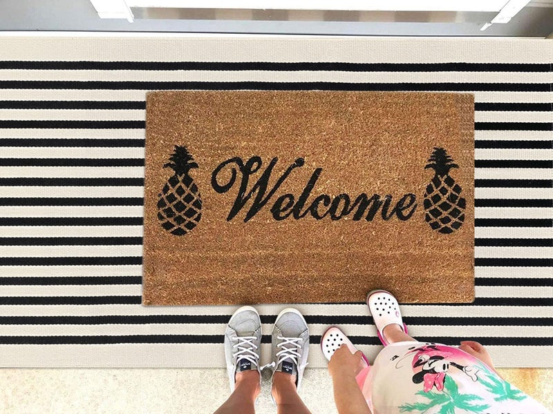 KOZYFLY 3'x5' Cotton Area Rug, Black and Beige Striped Outdoor Rug, Hand-Woven, Machine Washable, Perfect for Front Door, Kitchen, Living Room - Image 2