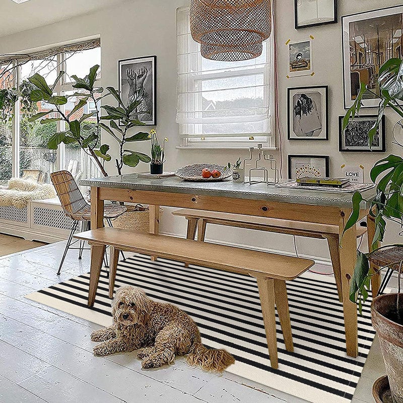 KOZYFLY 3'x5' Cotton Area Rug, Black and Beige Striped Outdoor Rug, Hand-Woven, Machine Washable, Perfect for Front Door, Kitchen, Living Room - Image 3