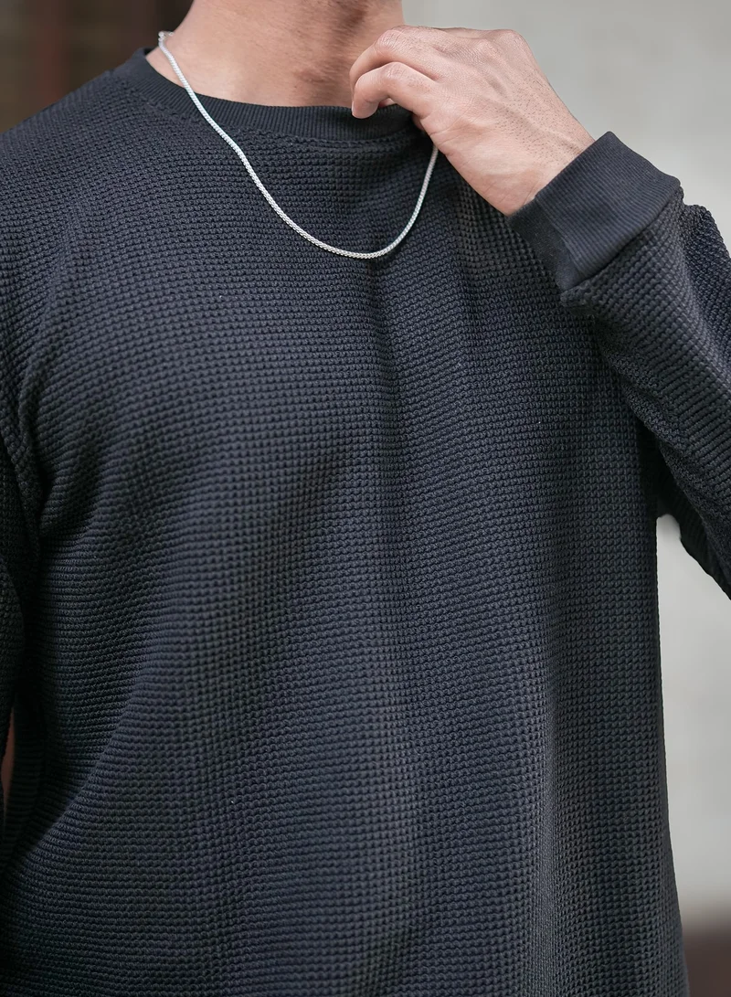 Maniac  Maniac Mens Solid Textured Round Neck Full Sleeve Black Cotton Sweatshirt for Men | Best Price UAE